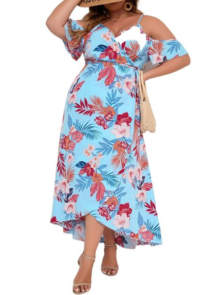

plus tropical print cold shoulder knot side wrap dress d7o7#, Black