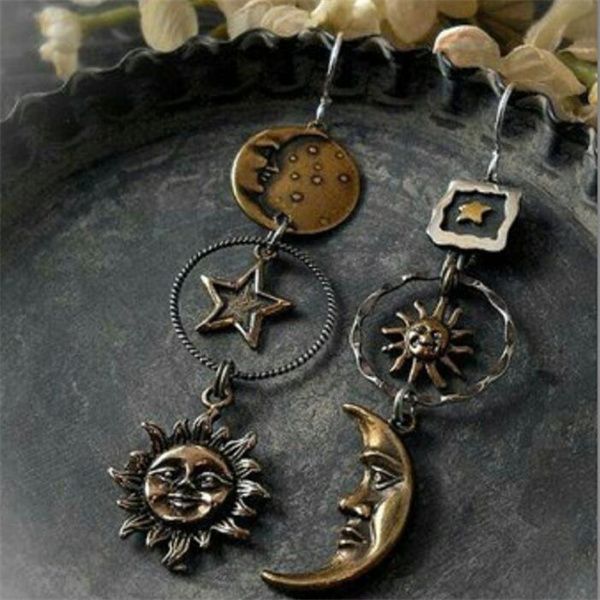 

greek mythology face sun moon pendant dangle chandelier creative design women asymmetric personality earrings party jewelry gifts for her ab, Silver