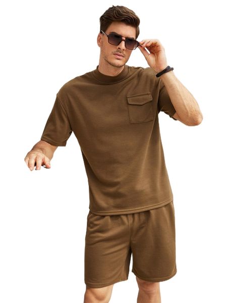 

men flap pocket mock neck tee & shorts d4ao#, Gray