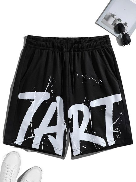 

men random letter graphic drawstring waist shorts 19gb#, White;black