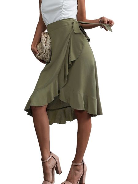 

ruffle trim wrap tie side skirt 04ef#, Black