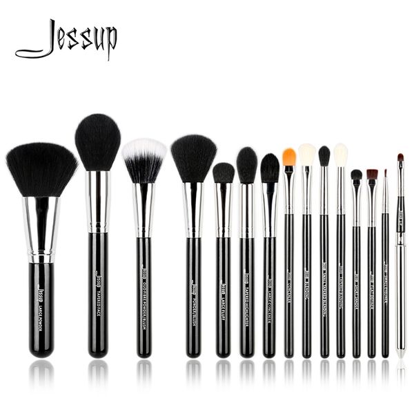 Jessup pro 15pcs щетки для макияжа набор черного/серебряного косметического макияжа порошкообразной основой для глаз для глаз для глаз щетки