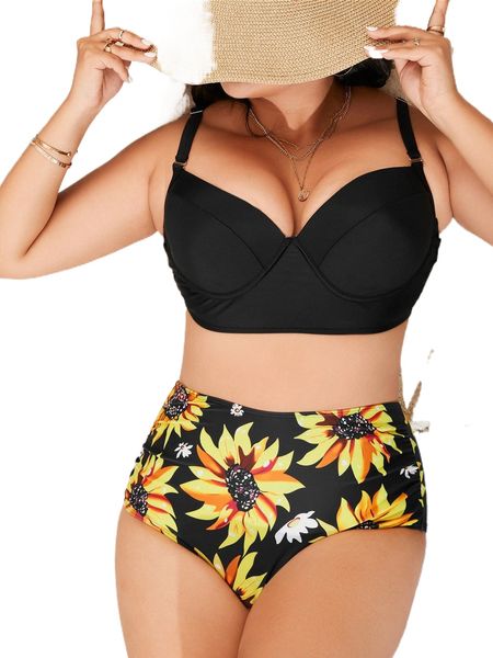 

plus sunflower print push up bikini swimsuit r9l1#, White;black