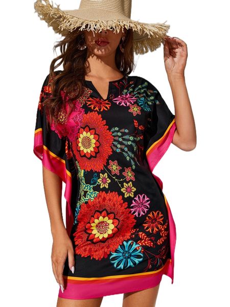 

tall floral print notched neck batwing sleeve tunic dress m70n#, Black;gray