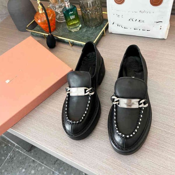

dress shoes high end quality copper chain fashion simple thick heel flat shoes leisure versatile sole single women, Black
