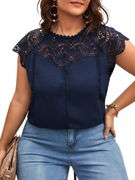 

plus contrast lace keyhole back blouse x4nc#, Black