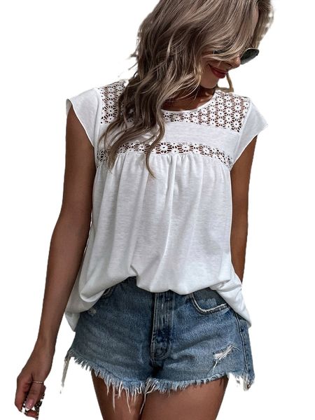 

guipure lace insert keyhole back tee q7t5#, White