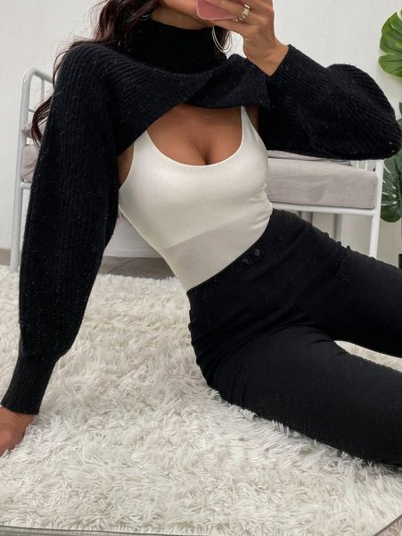 

funnel neck super crop sweater without cami v7hq#, White;black