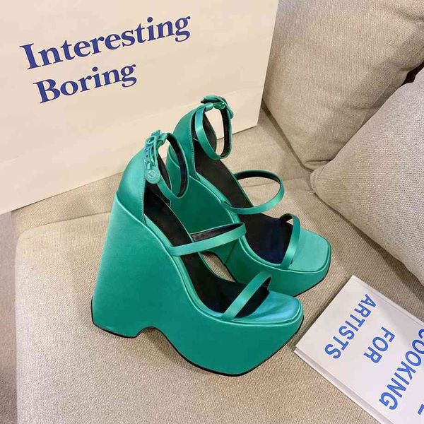 

famous brand women's designer silk sandals summer new fashion show same platform classic luxury chunky heel party shoes for girl hentia, Black