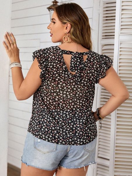 

plus ditsy floral print tie back ruffle blouse c3pv#, Black