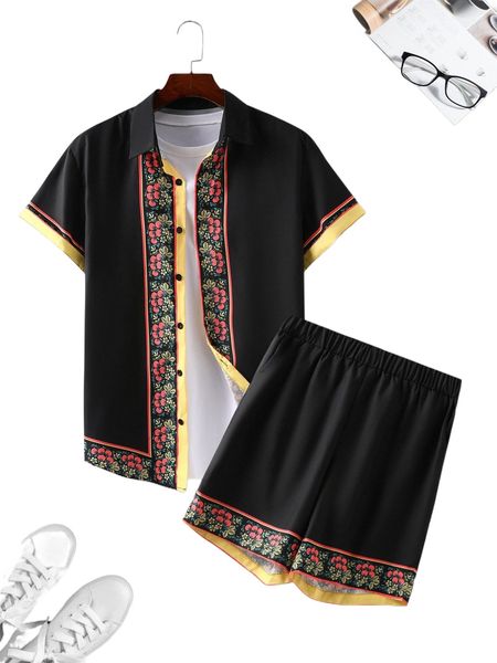 

men floral print shirt & shorts without tee p4is#, Gray
