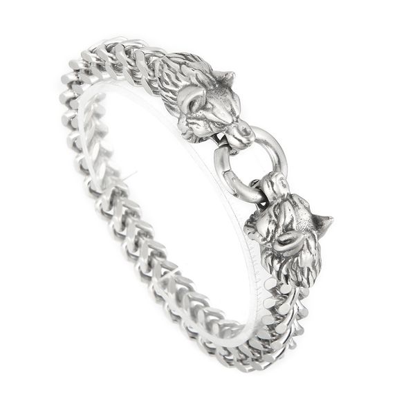 

80g sandy biker double wolf end figaro link chain bracelet for mens stainless steel fashion holiday gifts for father .husband .friends 9mm 8, Black