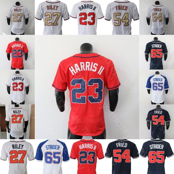 Michael Harris II Jersey Austin Riley Max Fried Spencer Strider Pullover Navy White Gold Red Player Cool Base Taglia S-3XL