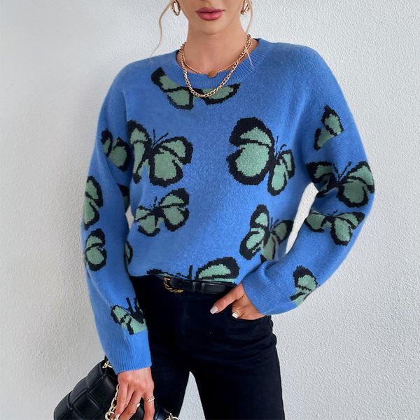 

autumn winter women elegant crochet buttefly sweaters fashion o-neck warm knit pullover female casual loose high street jumper, White;black