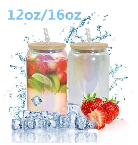 

12oz 16oz diy blank sublimation can tumblers shaped beer glass cups with bamboo lid and straw beer can glass for iced coffee soda t0527