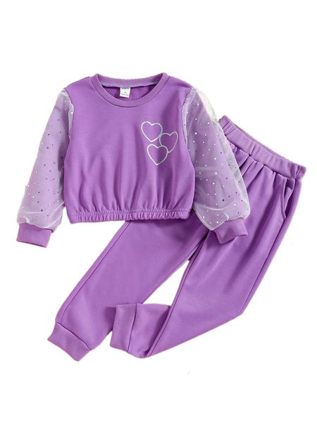 

toddler girls heart print contrast mesh pullover & sweatpants c1zq#, Black;white