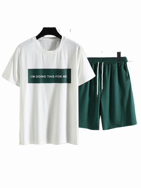 

men slogan graphic tee & shorts p7xl#, Gray