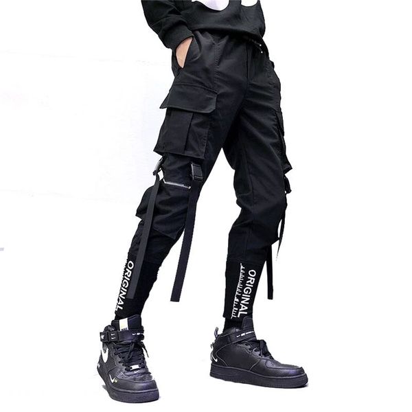

hip hop men ribbons cargo pants fashion harajuku elastic waist casual streetwear mens joggers trousers black 220706