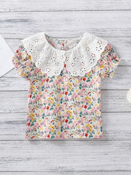 

little girl flower pattern pendant collar shirt she, White;black
