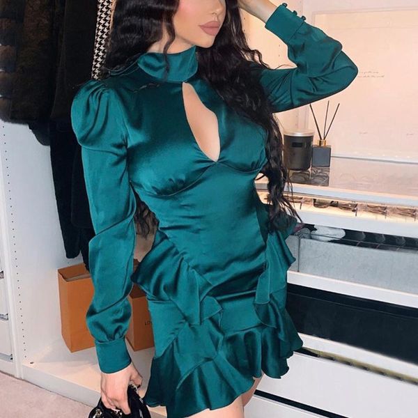 

casual dresses women's autumn high-waist 2022 fashion v-neck long-sleeved irregular ruffled satin puff sleeve dress female short sk, Black;gray