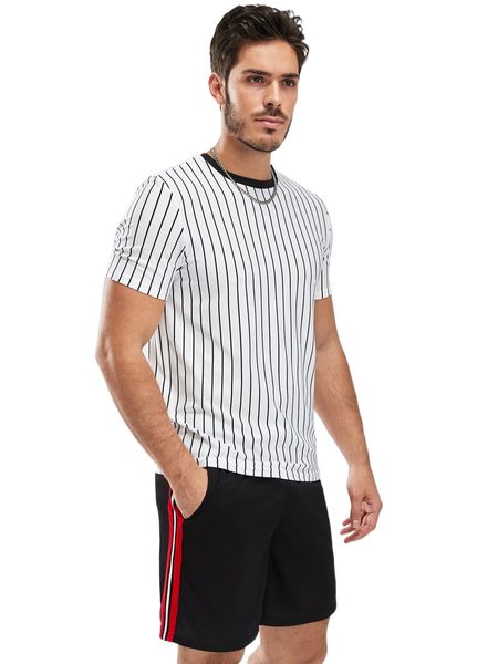 

men striped contrast trim tee & drawstring waist shorts l7tf#, Gray