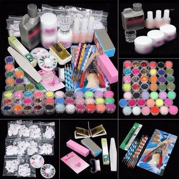 Professionelle 42 Acryl-Nagelkunst-Spitzen, Pulver, Flüssigpinsel, Glitzer-Clipper, Grundierungsfeilen-Set, Werkzeuge, Dekoration