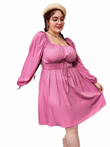 

plus square neck drawstring waist dress 611o#, Black