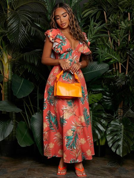 

sxy tropical print deep v neck layered sleeve dress 40tj#, Black;gray