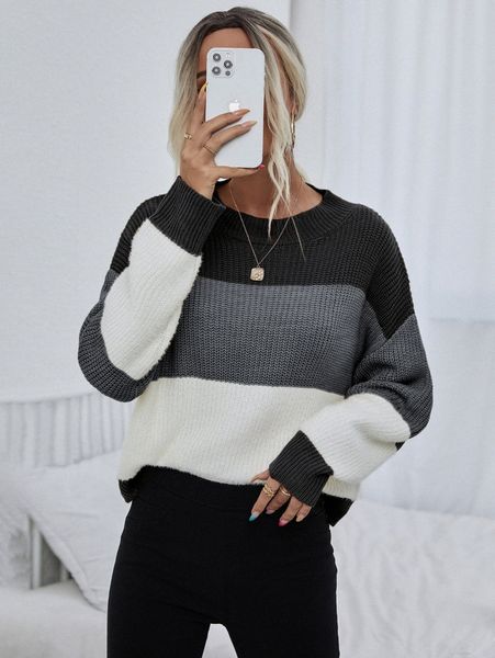

color block drop shoulder sweater m8qi#, White;black