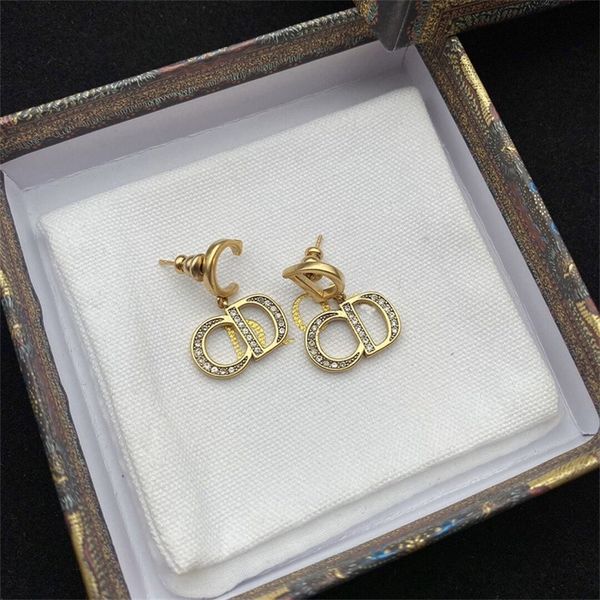 

ornament charm earring new female earrings with diamond letters temperament female red 925 silver needle light luxury earrings, Golden