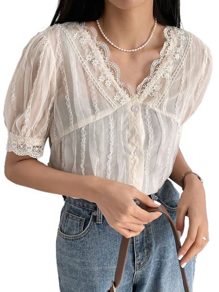 

dazy contrast guipure lace mesh panel puff sleeve blouse c3li#, White