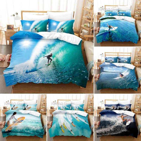 Meeressurfen-Bettwäsche-Set, 3D-Surf-Motiv, moderner Outdoor-Extremsport-Bettbezug, Queen-Size-Bett, Ozean-Surfbrett, blau-grüne Steppdecke