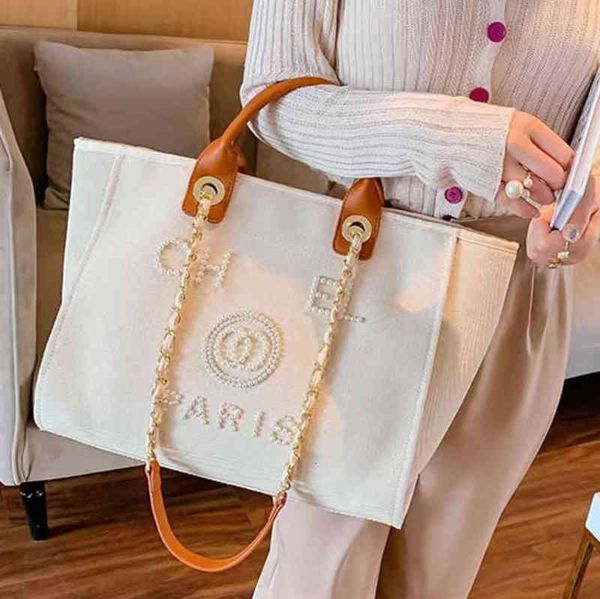 

luxury designer classic beach bags tote label pearl evening bag portable large capacity female fashion canvas handbag brand ch women handbag