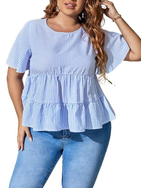 

plus striped flutter sleeve peplum blouse i6p5#, Black