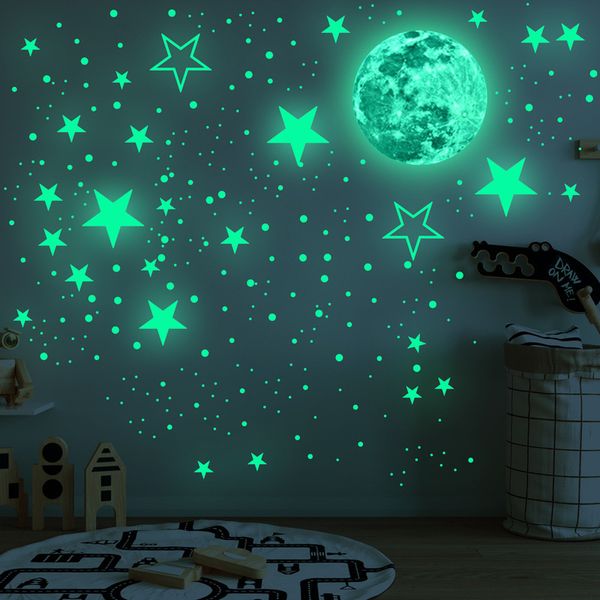 30cm Luna 435pcs Stelle Puntini Verde Luminoso Adesivo da parete Camera dei bambini Soffitto Scale Carta da parati Fluorescente Decalcomanie murali 220607