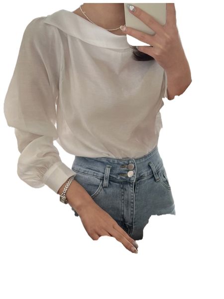

dazy solid bishop sleeve blouse i9e6#, White