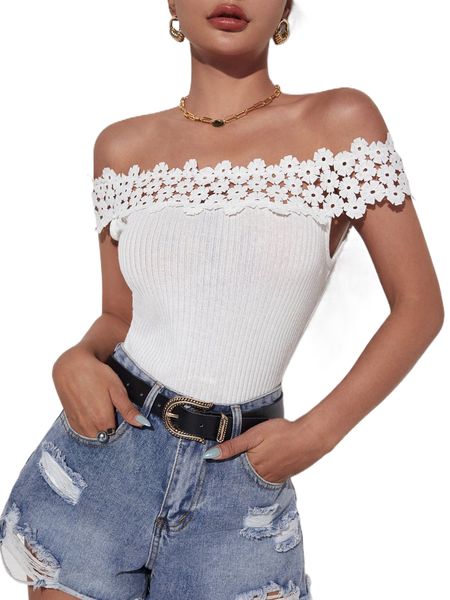 

off shoulder appliques tee r4hk#, White