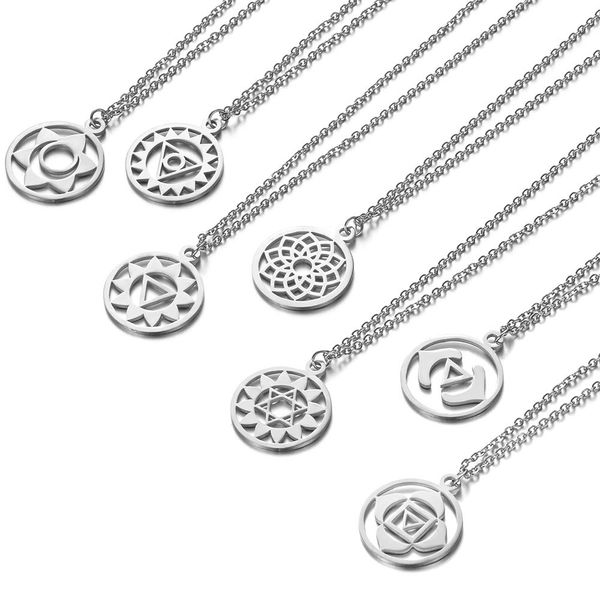 

30pcs seven 7 chakras vector set necklaces om yoga lotus flower spiritual symbol sign pendant talisman amulet stainless steel women ladies c, Silver