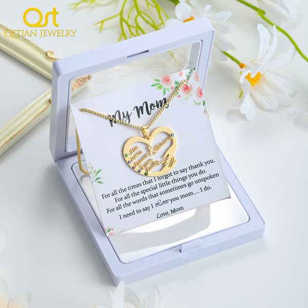 

custom mom necklace with birthstones personalized heart mother and child name pendant stainless steel jewelry mother s day gift 220722, Silver