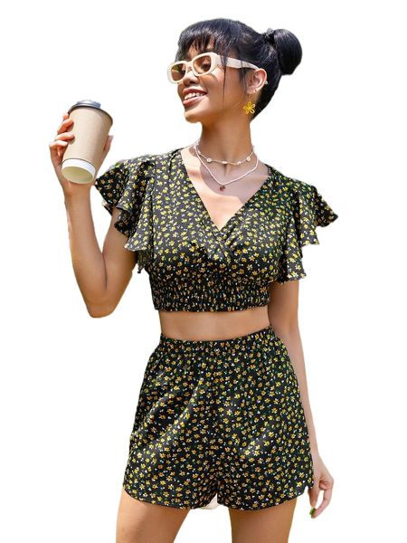 

ditsy floral flutter sleeve overlap collar shirred & shorts h6x3#, White