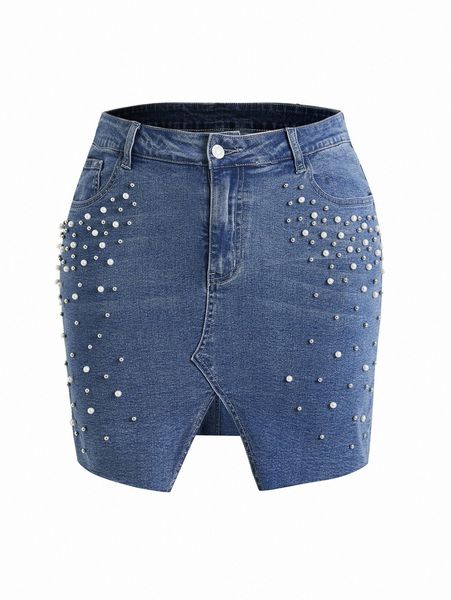 

plus pearl beaded split hem denim skirt u9rc#, Black