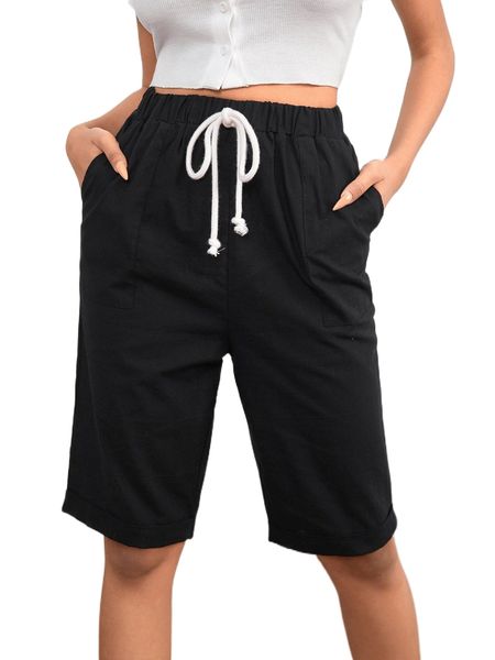 

petite drawstring waist slant pocket shorts 481j#, White;black