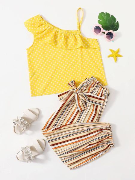 

girls asymmetric neck polka dot & stripe tie front pants she, White