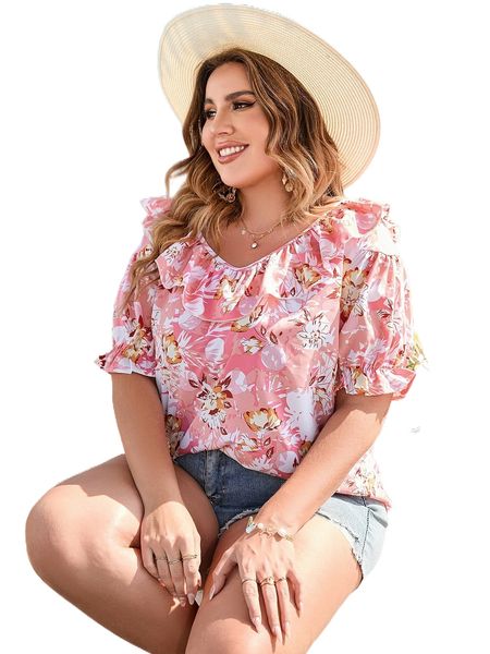 

plus floral print ruffle trim flounce sleeve blouse o8um#, Black