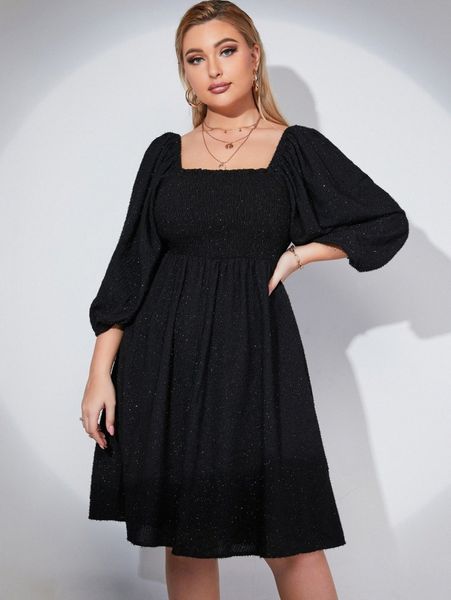 

plus square neck a-line dress x3oh#, Black
