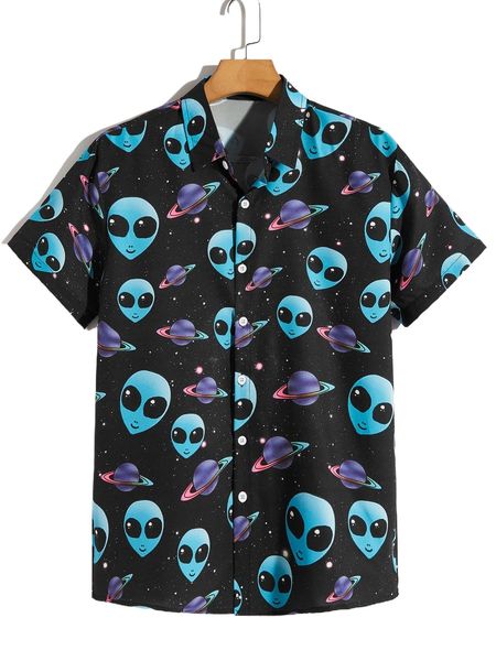 

romwe guys alien print shirt c7as#, White;black