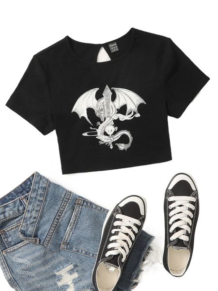 

dragon & sword print cut out back crop tee n97i#, White