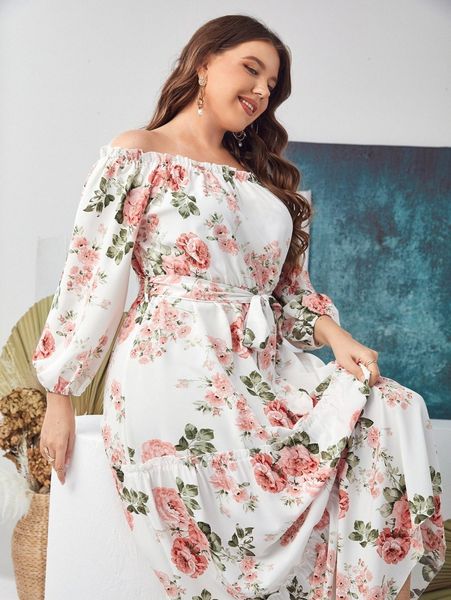 

plus floral print off shoulder bishop sleeve ruffle hem belted dress f3jr#, Black
