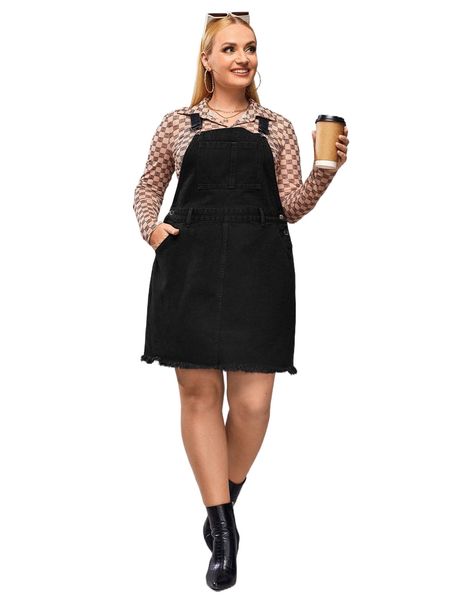 

plus raw trim overall denim dress without blouse z1bd#, Black