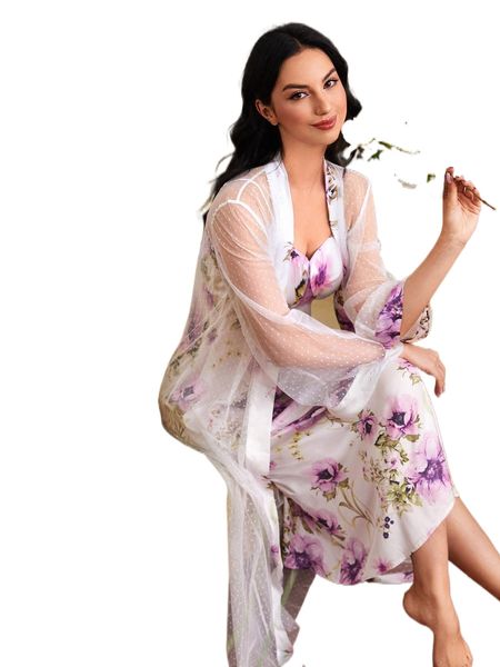 

floral print cami dress & polka dot sheer robe pj set 0471#, Black;red